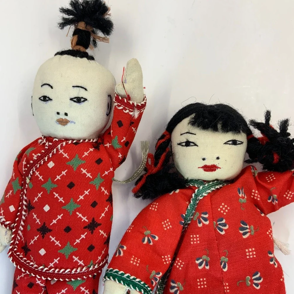 Vintage Chinese Folk Art Cloth Dolls Pair Handmade Red Traditional Dress 7 inch